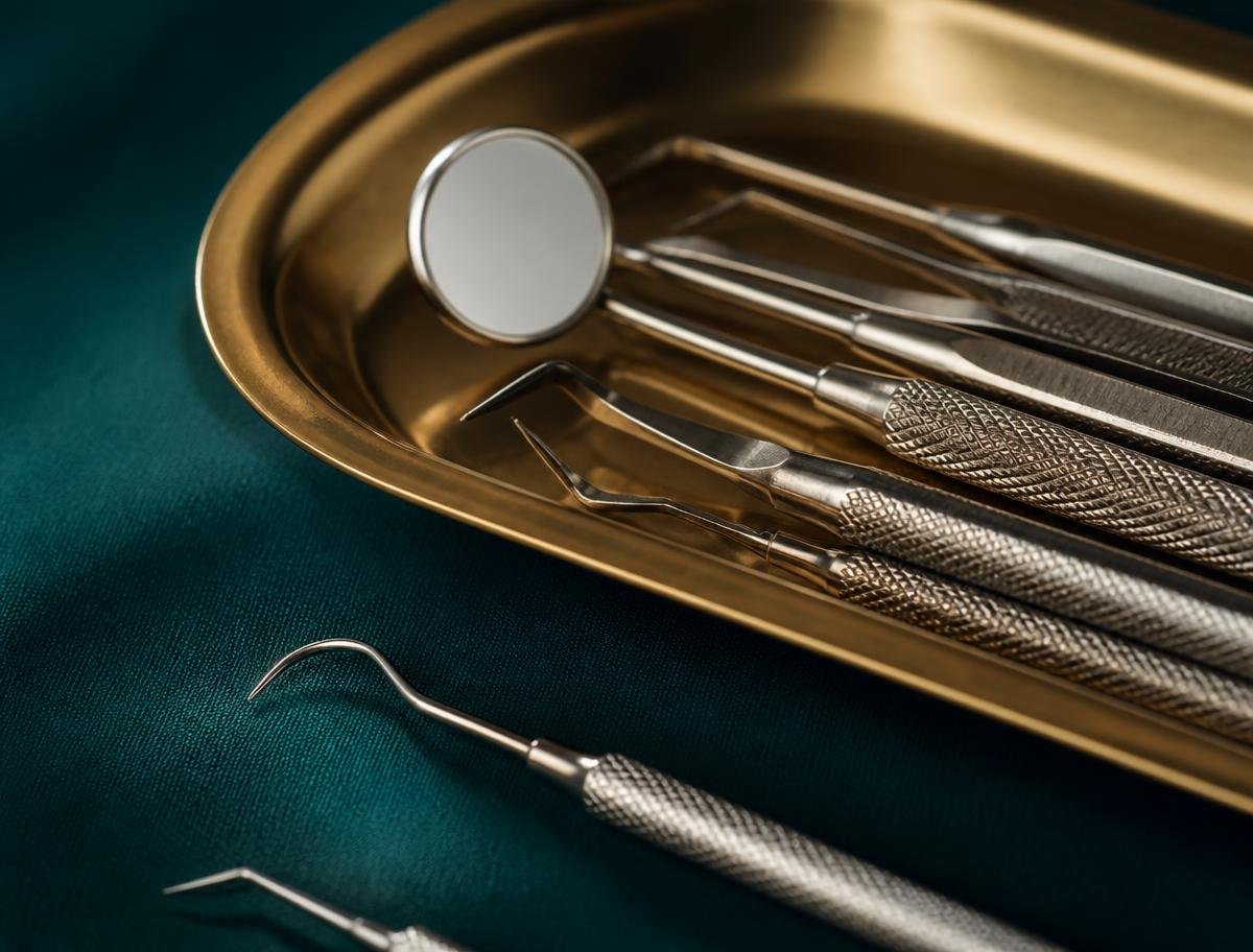 Sterilised dental instruments on a tray
